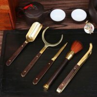 Dụng Cụ Pha Trà Đạo 5 Món Đồ - Thìa Xúc Trà , Chổi Dưỡng Ấm Dao Tách Bánh Kẹp Chén Bằng Gỗ Bọc Đồng