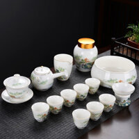 Dụng Cụ Pha Trà Đạo, Ấm, Chén, Chậu Rửa Bằng Sứ Trắng Tinh Khiết Cảnh Đức Trấn Vẽ Họa Tiết Sớn Thủy Hữu Tình
