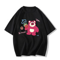 [Được ủy quyền của Disney] Bông sen hình gấu dâu tây cổ điển thời trang in hình cotton nguyên chất thoải mái áo ngắn tay dáng rộng cổ tròn thông thường dành cho nữ