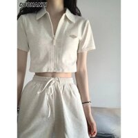 Duohanzi Bộ đồ nữ Nhật Bản giảm béo polo dây kéo áo thun ngắn tay quần short phù hợp với