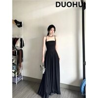 DUOHUI Đầm đen nhỏ không dây retro thu gọn eo, siêu cổ tích, dài chạm đất cho kỳ nghỉ