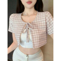 (Dưới 55kg) Áo khoác ngoài vải dạ tweed thắt nơ trước đáng yêu form ngắn