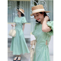 (Dưới 57kg) ĐẦM MAXI CARO XANH KHOÉT EO TAY BỒNG