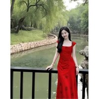 Đuôi Cá Trà Break Phong Cách Pháp Màu Đỏ Vuông Cổ Áo Vest Váy Nữ