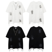 Đường Phố BALY STYIE Thường Ngày Cotton Tay Ngắn Lỗ Mờ Áo Thun Thường Ngày Áo Mùa Hè Unisex Rời Thể Thao Áo