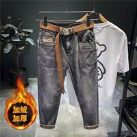 Đường Phố Mặc Đen Xám Quần Jean Nam ins Đường Phố Cao Cấp Mặt Dây Chuyền Rời Thẳng Lông Cừu Lót Thường Ngày All-Ma
