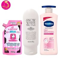 Dưỡng thể vaseline + kem dưỡng snow white secret key + muối tẩy tế bào chết a bonne (combo)
