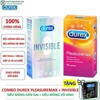 [DUREX CHÍNH HÃNG] COMBO 12 Bao cao su gân gai Durex Pleasuremax +10 Bao cao su siêu mỏng vô hình Durex Invisible