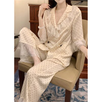 E-6555 Set chấm bi kem cổ ren chất liệu lụa hàng Qc nhà Én.sleepwear