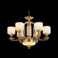 E - CD 181/6: Chùm đồng 6 tay, Chao đá, khảm xà cừ - KT: Ø700mm x H550mm - Bóng đèn chân 14x 6 bóng + Đèn LED S