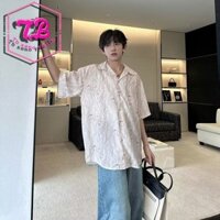 Echo Ridge Ice silk vintage wave pattern Tay Ngắn Nam Rời Đi Biển Cổ Cuba Áo Sơ Mi