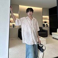 Echo Ridge Ice silk vintage wave pattern Tay Ngắn Nam Rời Đi Biển Cổ Cuba Áo Sơ Mi