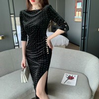 Elegant Black Slimming Dress2023New Autumn Skirt Women's Retro Slim Fit Slit Velvet Dress4392