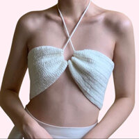 ELENEI Áo croptop ống len móc nhiều cách mặc hai dây khoen ngực buộc cổ trắng trơn freesize mùa hè áo bikini