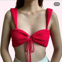 ELENEI Áo croptop ống len móc handmade nhiều cách mặc hai dây khoen ngực buộc cổ trắng trơn freesize mùa hè áo bikini