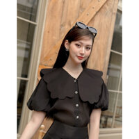 ELLY SHIRT(LAMI - Áo tơ đen cổ cánh hoa)