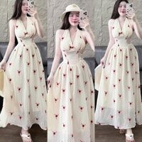 [EMBER] - Đầm maxi đi biển dáng xòe cột nơ cổ in hoa nhí