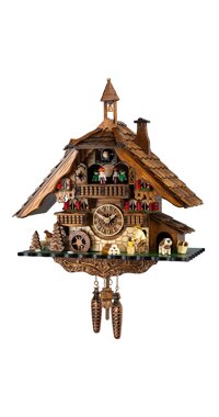 Engstler Quartz Cuckoo Clock Black Forest house with moving beer drinker and mill wheel, with music