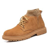 Enjoy4Beauty- Motocycle Combat Boots for Men High Top Lace Up Style Elastic Socks Collar Suede Upper Anti Slip Round Toe Hiking Classic Modern (Col...