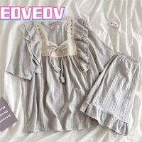 EOVEOV Trang phục nhà mùa hè EOVEOV, Bộ đồ ngủ nữ phong cách công chúa ngọt ngào bằng vải Jacquard, Bộ đồ ngắn tay màu trơn buộc dây chất lượng cao