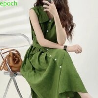 Epoch Đầm Không Tay Nữ, Đầm Phối Ren Màu Xanh Lá Cây Vintage, Đầm Dạo Phố Ve Áo Cao Cấp Đơn Giản Dài Kỳ Nghỉ