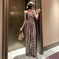 Eravogue Gợi Cảm Rò Rỉ Vai Dài Jumpsuit Mùa Hè Cổ Chữ V Áo Liền Quần Da Báo In Drap Thẳng Ống Rộng Quần 1884
