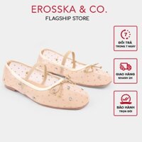 Erosska - Giày búp bê nữ đế bệt lưới chấm bi phối đá kèm nơ cách điệu dễ thương màu đen 1cm - EL057