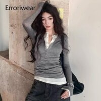 Erroriwear Nữ 2025 Phong Cách Thời Trang Cổ Chữ V Có Nút Dài Tay Áo Thun Slim Fit