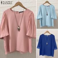 Esolo ZANZEA Phụ nữ mùa hè Áo cổ thuyền tay áo loe chắp vá màu trơn lỏng Áo Blouse đơn giản #3