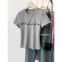 Ethelgirl Áo thun ngắn tay cổ tròn in hình chú chó con màu xám mùa hè mới