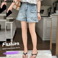 Ethereal American Retro Quần Short Denim Cao Cấp Thiết Kế Nữ Rời Giảm Béo Và Quần Short Chân Rộng