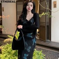 Ethereal Retro Bướm In Slip Dress Nữ Gợi Cảm Cao Cấp Phong Cách Kỳ Nghỉ Dài