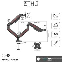 ETHU Dual Monitor Arm Model MYAC137 Thiết kế lò xo khí Tải trọng tối đa 9KG*2 Điều chỉnh nhiều góc Thích hợp cho màn hình 17"-32" Kích thước màn hình Đen, Trắng