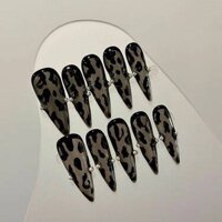 European and American Hot Girl Long Water Drops Tip Black Leopard Print Handmade Nail Wear Nail Polish Removable THpV