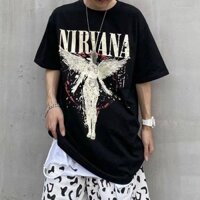 European and American Loose-Fitting Pure Cotton Short Sleeves T-shirt Men's High Street Nirvana Angel Print Hiphop Fried