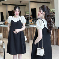 EVERMOM l Đầm bầu Kayla yếm liền đuôi cá lệch tà tay phồng vải xốp hàn