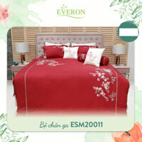 Everon drap ga phủ, bộ chăn ga gối màu đỏ thêu hoa lá Modal sồi giảm giá ESM 20011