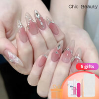 [Extravagant Light Luxury with Diamonds] Tính khí Bướm may mắn Móng tay giả băng dài trong suốt Mảnh phấn má hồng khỏa thân