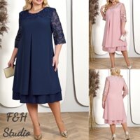 F & H 3640-2 Màu L-4XL Thanh Lịch Nữ Plus Size Thêu Chắp Vá Đầm Voan