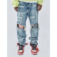 F2ce Broken Holes Pants Washed and Worn Knee Paisley Changeable Cloth Loose High Street Skinny Jeans for Men Spring pHxX