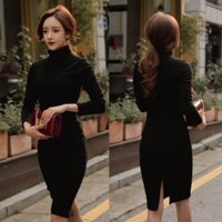 F340 Đầm body cổ lọ tay dài, xẻ sau