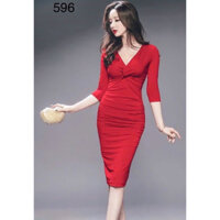F596 Đầm ôm body tay lỡ cổ tim có xoắn ngực
