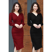 F632 Đầm ôm body cổ tim xéo , tay dài , nhún sườn , xẻ đùi