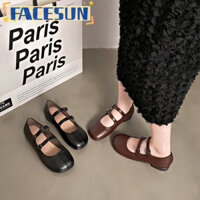 FACESUN Ngón Tròn Da Mềm Mary Jane Giày Nữ Xuân Thu Mới Pháp retro Giày Đơn Da Nhỏ