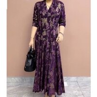 Factory Direct Sale 2024 New High-end Mom Dress Slimming Plus Size Long Sleeve V-neck Fashion Printed Long Dress TI03