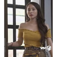 FAIRY SHOP-Áo croptop trễ vai bèo nhún