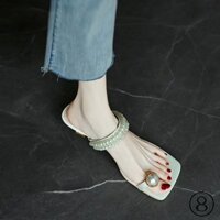 Fairy style pearl high-heeled slippers women 2023 summer new style outer wear mid-heel matching skirt square toe flat sandals sli