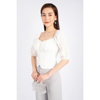 FAK31219 - Áo kiểu dạo phố vải tơ dáng croptop cổ vuông vai bo chun ngực xếp nhún - PANTIO