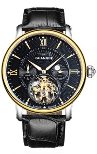 Fanmis Black Leather Strap Men Tourbillon Luminous Automatic Watch Skeleton Moon Phase Waterproof Gold