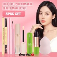 [Fda] [HOT] Bộ trang điểm 5 món Beauty GLAZED: 1 * Kem che khuyết điểm lâu trôi tự nhiên + 1 * Son môi dưỡng ẩm + 1 * Bút chì kẻ lông mày chống nước + 1 * Bút kẻ mắt chống mồ hôi + 1 * Trứng trang điểm làm đẹp